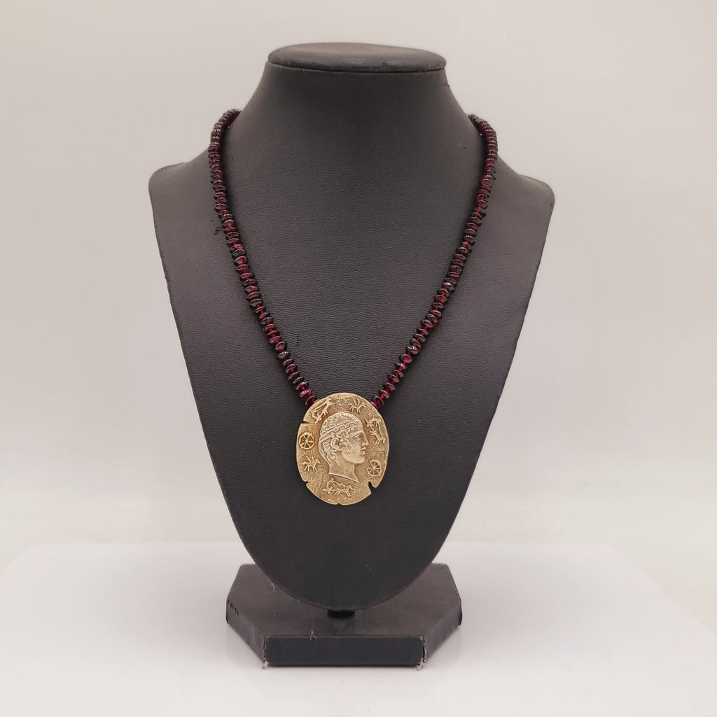 Beaded Garnet Ancient Roman Emperor's Julius Caesar Pendant Necklace