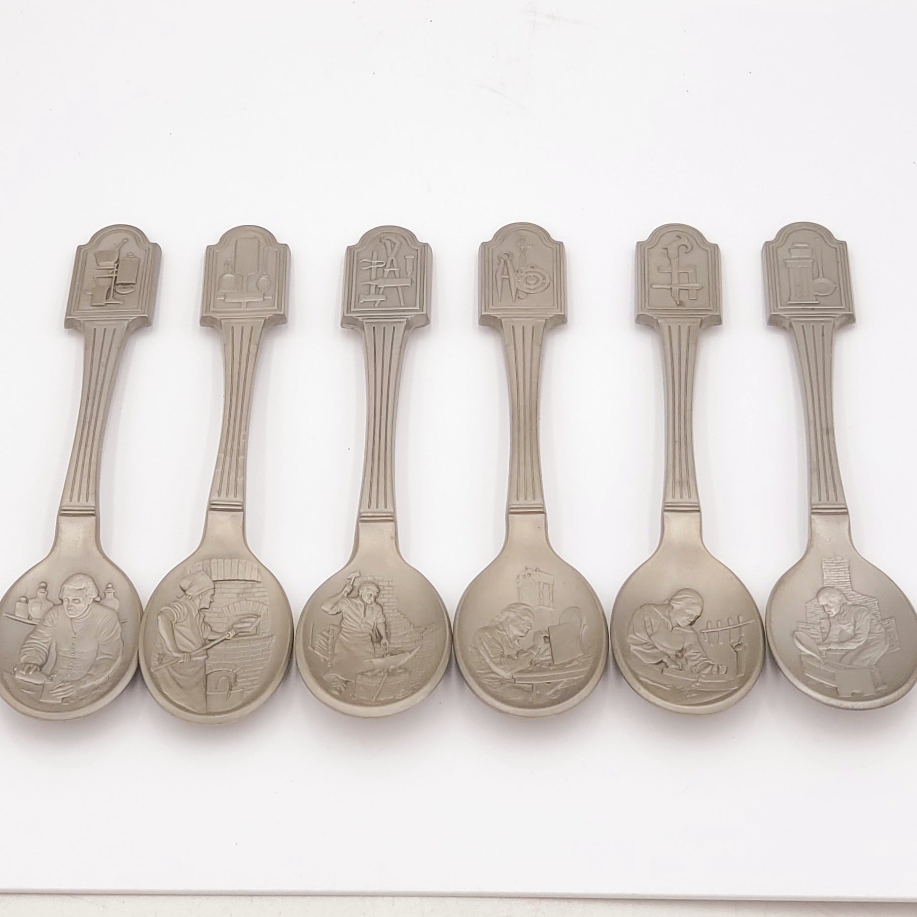 The Craftsmen of America Spoon Collection-Issued in limited edition by The Franklin Mint in 1977-Pewter Spoons- Come with Display Shelf