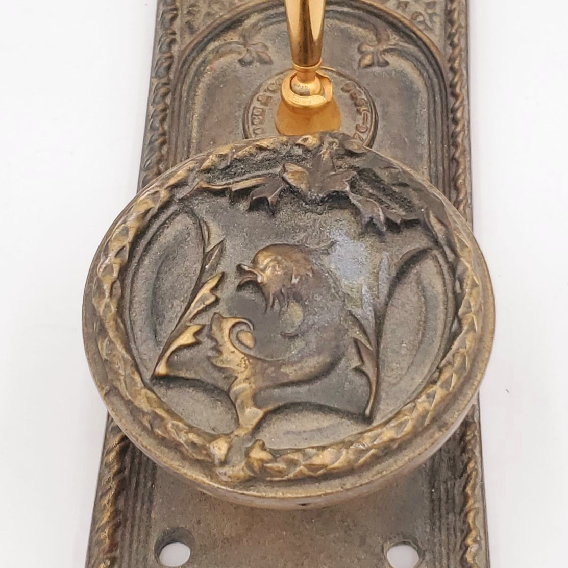 RARE 19th Century Interior Fisher Building Office Door Ornamental Cast Iron Monogrammed Figural Doorknob With Inkwell and Pen