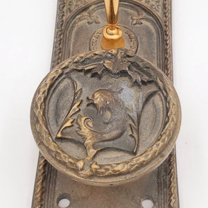 RARE 19th Century Interior Fisher Building Office Door Ornamental Cast Iron Monogrammed Figural Doorknob With Inkwell and Pen