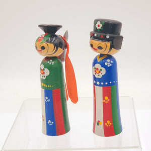 Vintage Hand Painted Wooden Bobblehead Kokeshi  Doll Couple