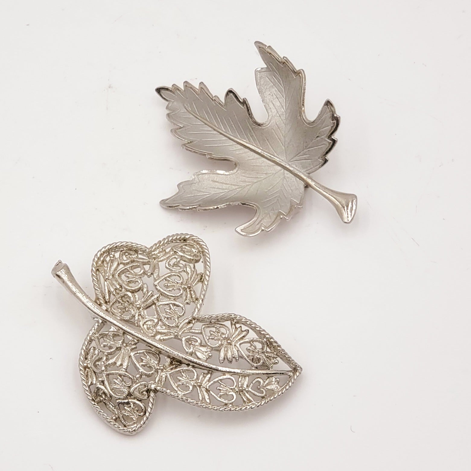 2 Piece Silver Leaf Brooch Set