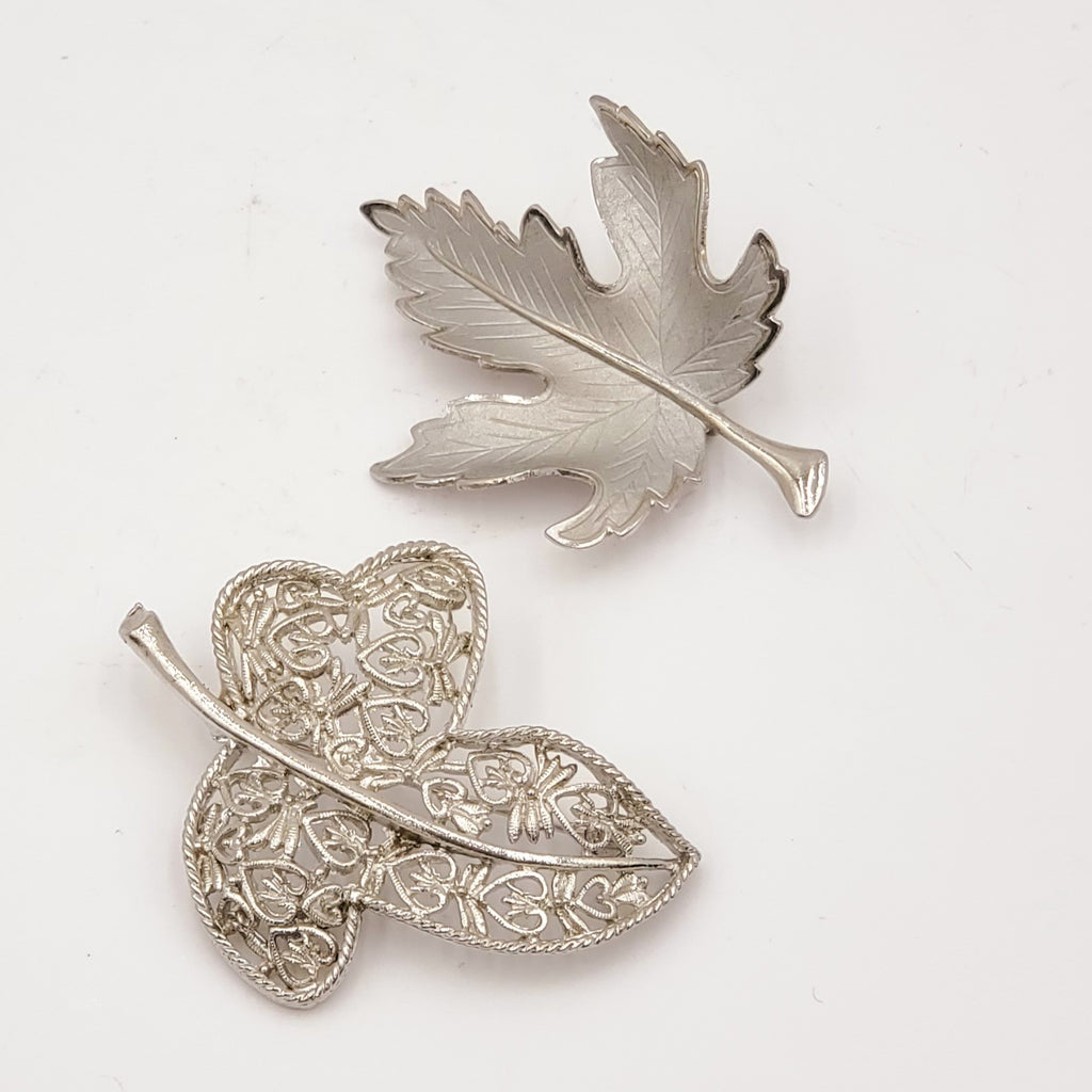2 Piece Silver Leaf Brooch Set