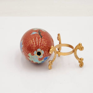 Ornate Cloisonne Enamel Egg with Gold Colored Metal Stand