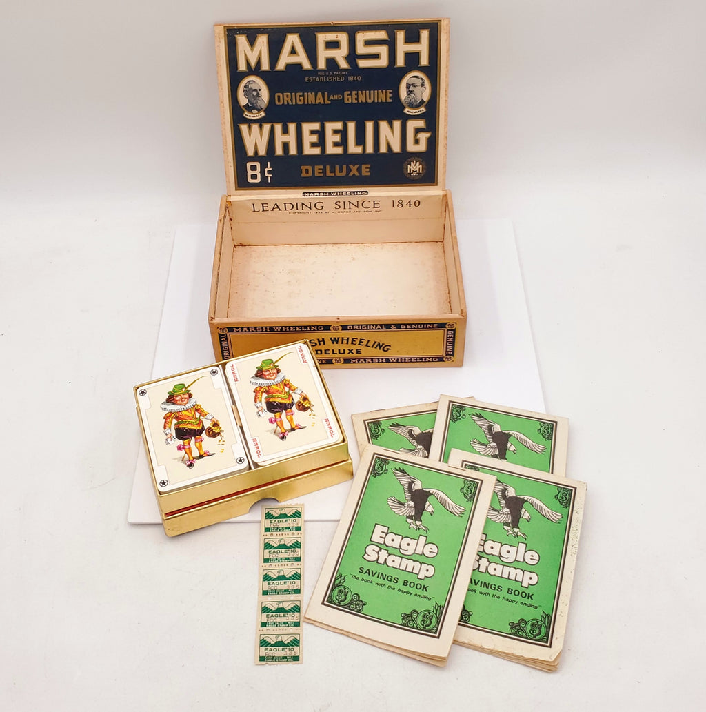 Marsh Wheeling Deluxe Cigar Box with vintage Eagle Stamps and Piatnik Kaiser Imperial Playing Cards