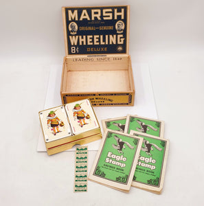 Marsh Wheeling Deluxe Cigar Box with vintage Eagle Stamps and Piatnik Kaiser Imperial Playing Cards