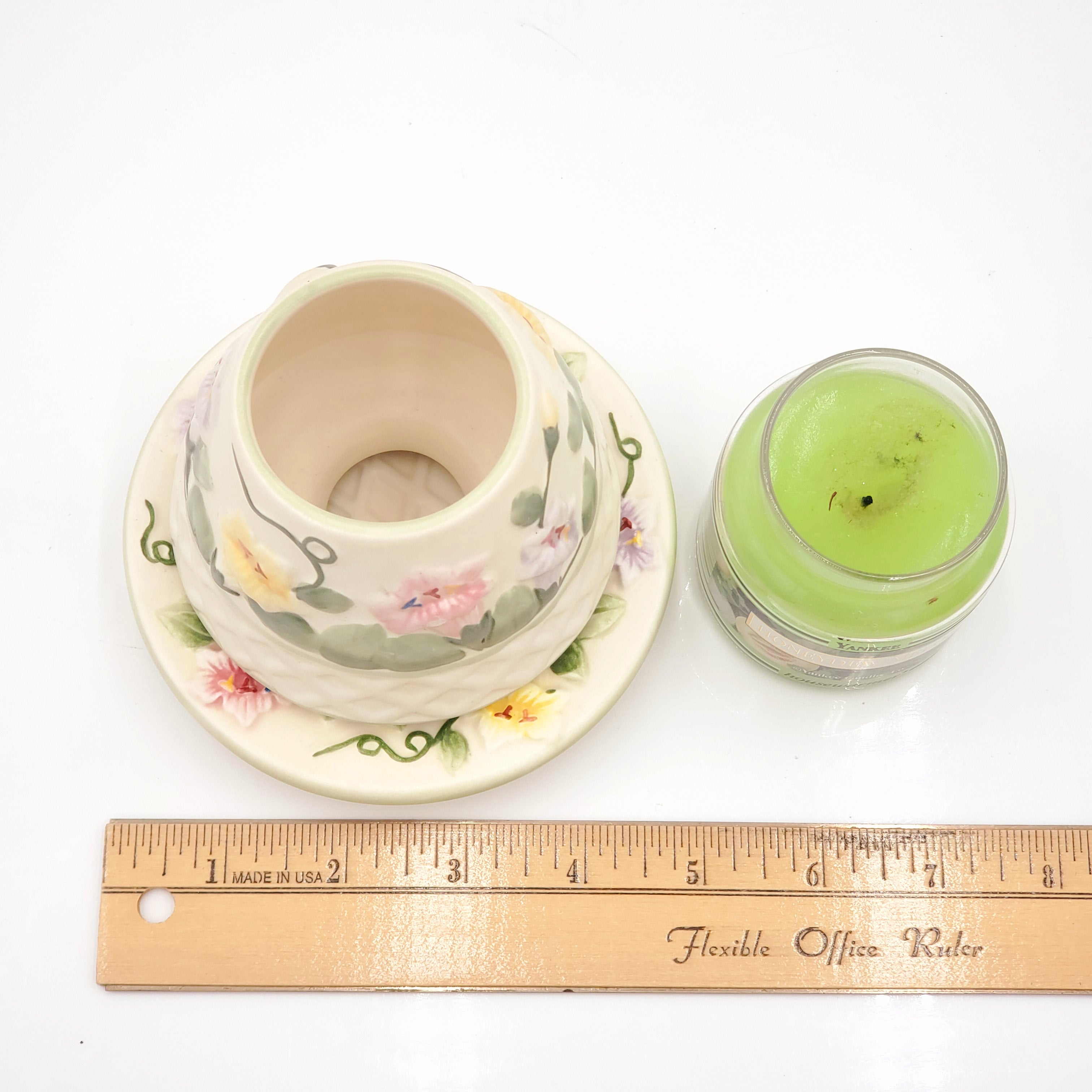 Yankee Candle Spring Morning Glory Lattice Plate and Votive Shade Topper Set with Honeydew Melon Candle