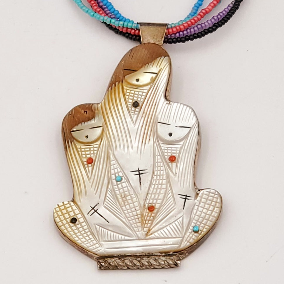 RARE! Handmade Zuni Pueblo Indian Three Corn Maiden Pin Pendant Necklace by Chad Quandelacy & Valerie Comosona
