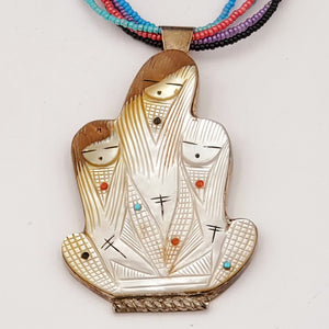 RARE! Handmade Zuni Pueblo Indian Three Corn Maiden Pin Pendant Necklace by Chad Quandelacy & Valerie Comosona