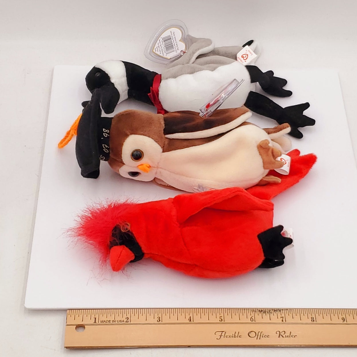 1998 Beanie Babies 3 Pack- Wise the Owl (Class of 98'), Loosy the Canadian Goose and Mac the Cardinal