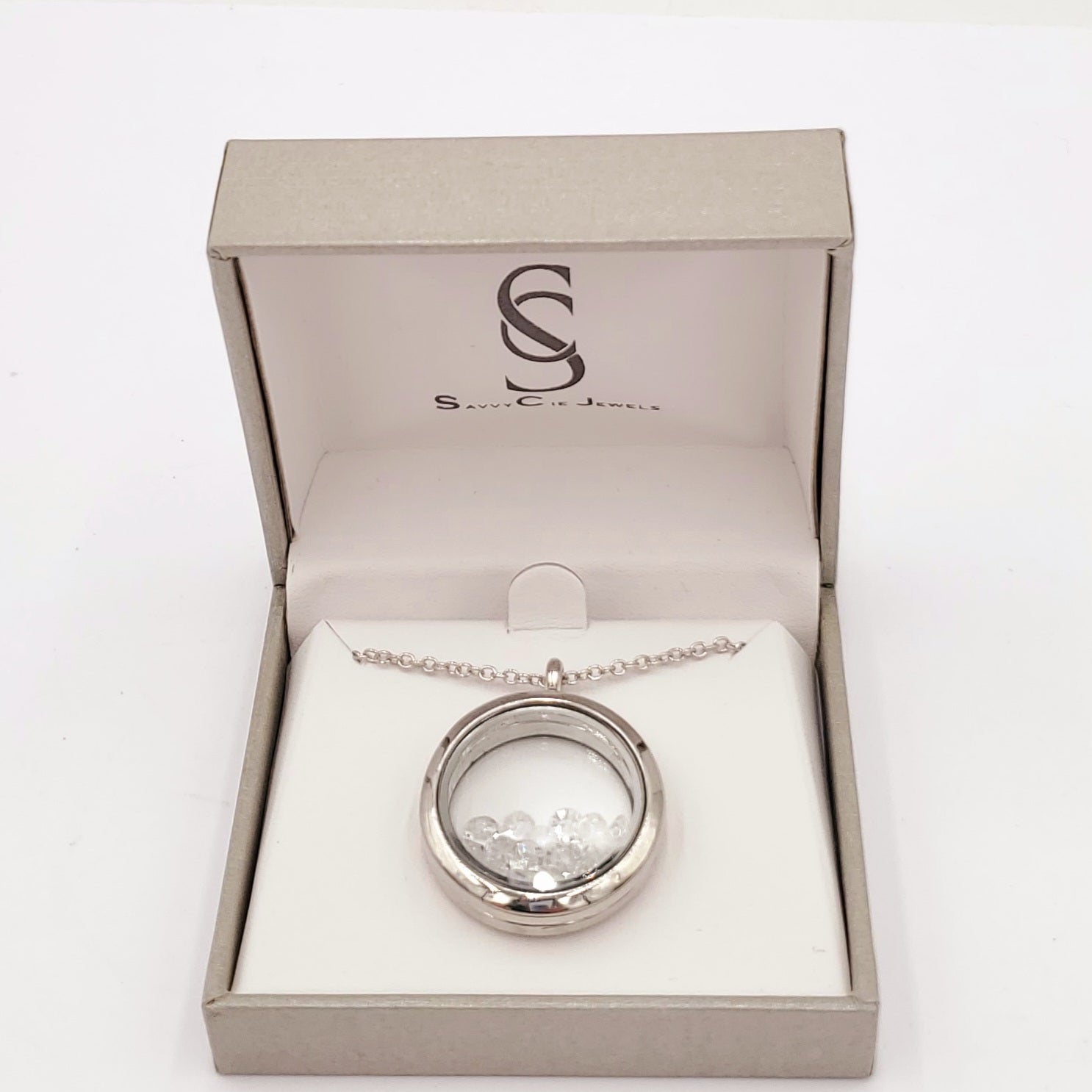Floating Locket Necklace with White Stones