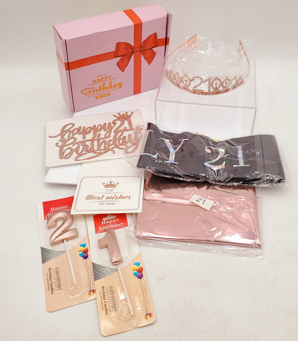 21st Birthday Decorations for Woman, including 21st Birthday Sash and Crown, Cake Topper and Candles