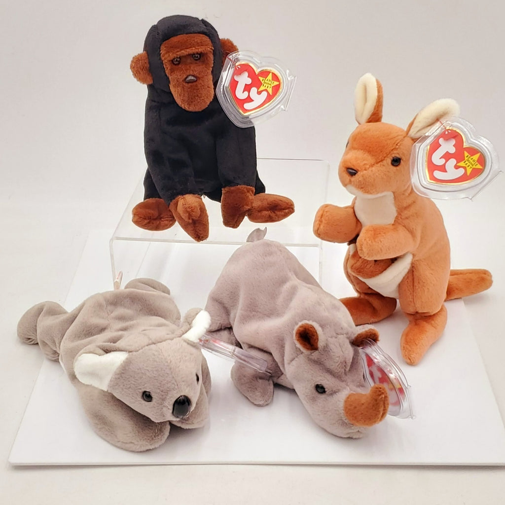 1996 Beanie Babies 4 Pack-Pouch the Kangaroo, Congo the Gorilla, Mel the Koala Bear and Spike the Rhinoceros