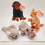1996 Beanie Babies 4 Pack-Pouch the Kangaroo, Congo the Gorilla, Mel the Koala Bear and Spike the Rhinoceros