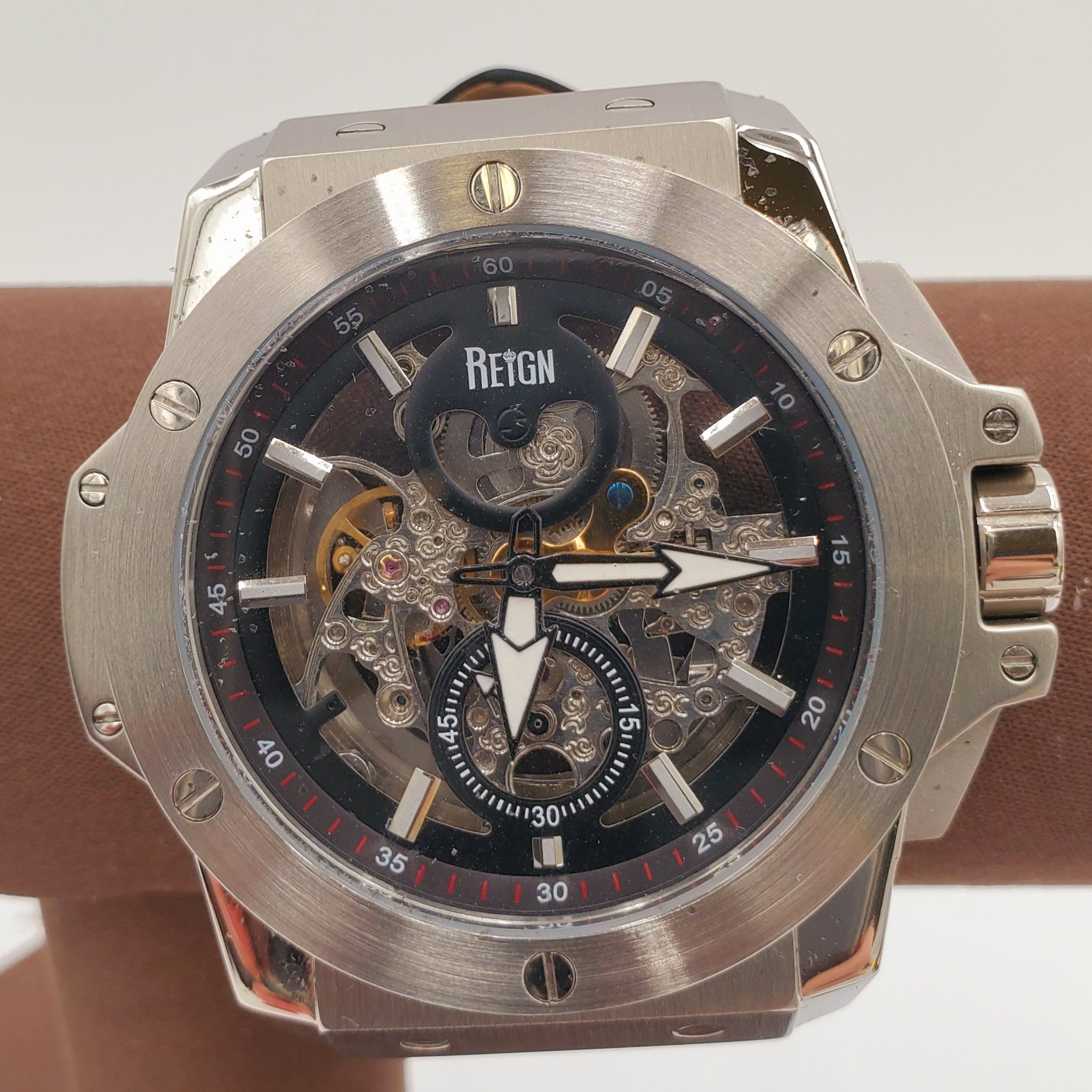 Vintage Reign Commodus Automatic Skeleton Dial Black Leather Silver Men's Watch