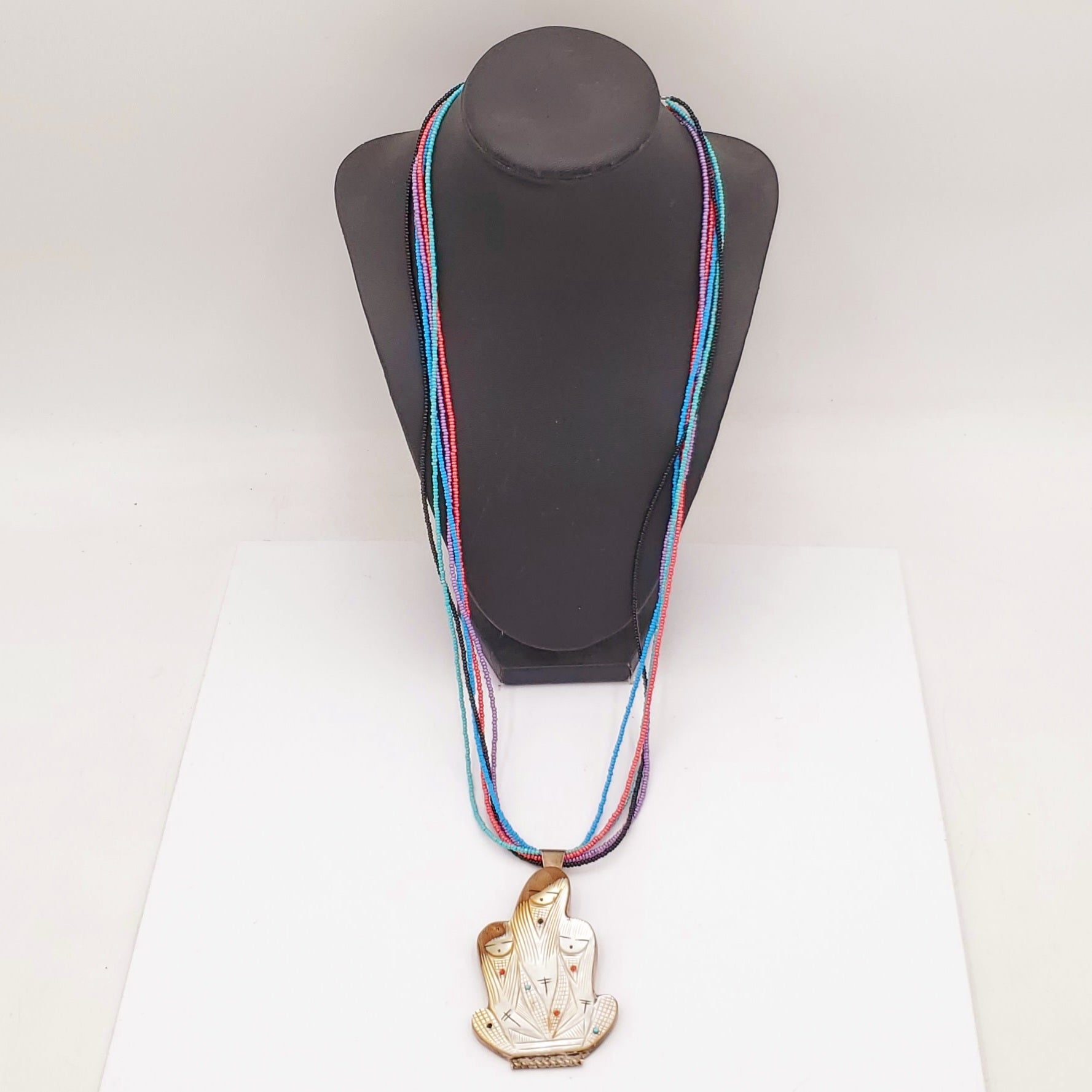 RARE! Handmade Zuni Pueblo Indian Three Corn Maiden Pin Pendant Necklace by Chad Quandelacy & Valerie Comosona