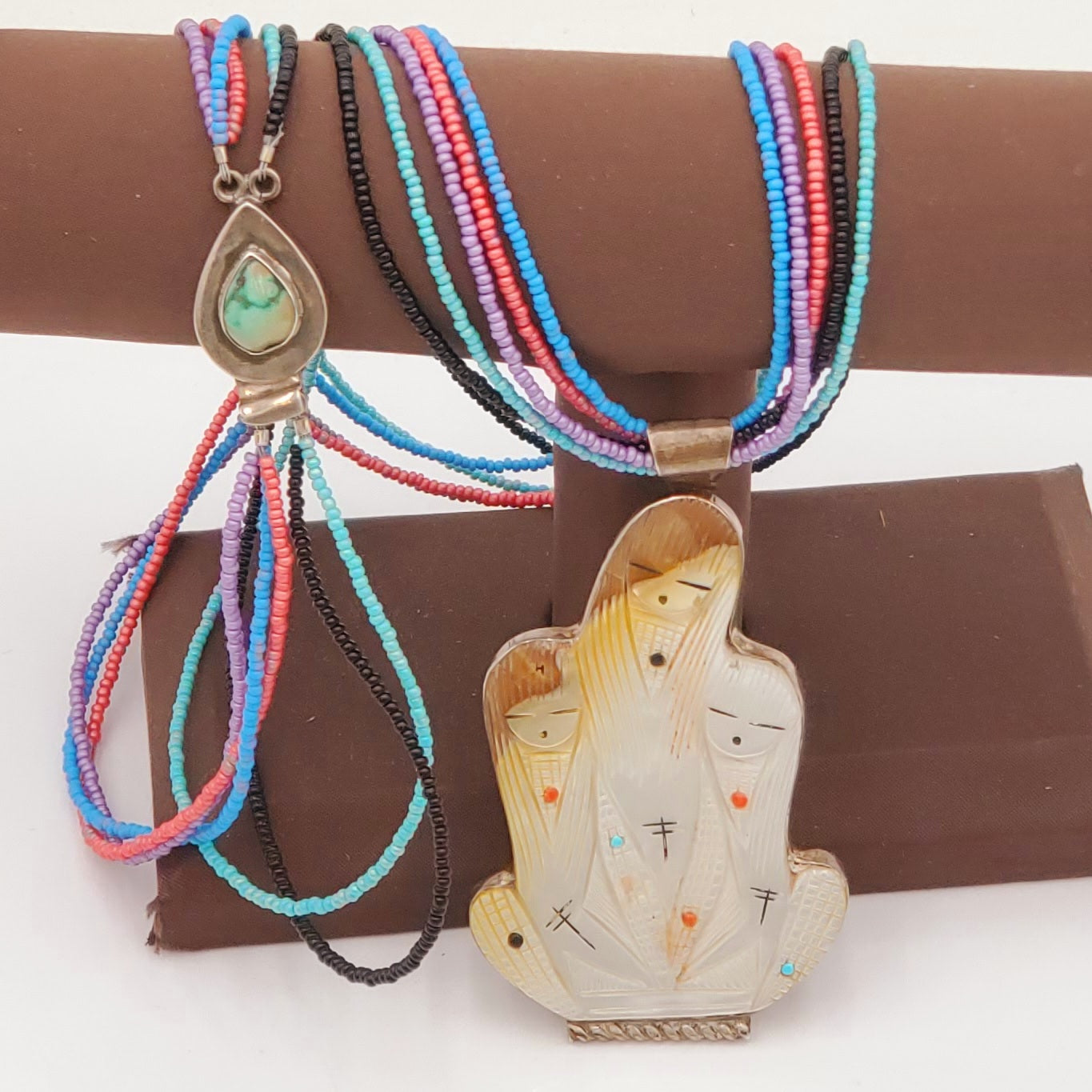 RARE! Handmade Zuni Pueblo Indian Three Corn Maiden Pin Pendant Necklace by Chad Quandelacy & Valerie Comosona