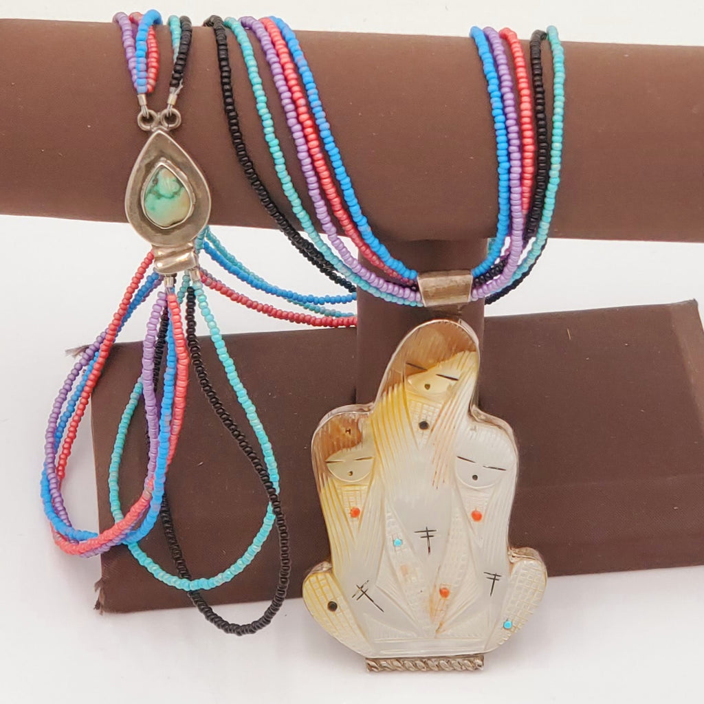 RARE! Handmade Zuni Pueblo Indian Three Corn Maiden Pin Pendant Necklace by Chad Quandelacy & Valerie Comosona