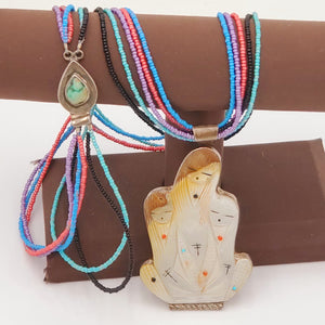 RARE! Handmade Zuni Pueblo Indian Three Corn Maiden Pin Pendant Necklace by Chad Quandelacy & Valerie Comosona