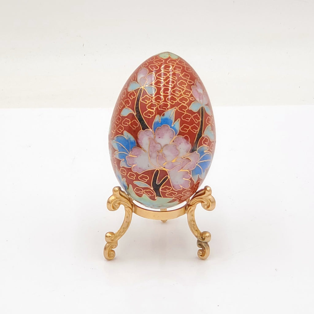 Ornate Cloisonne Enamel Egg with Gold Colored Metal Stand
