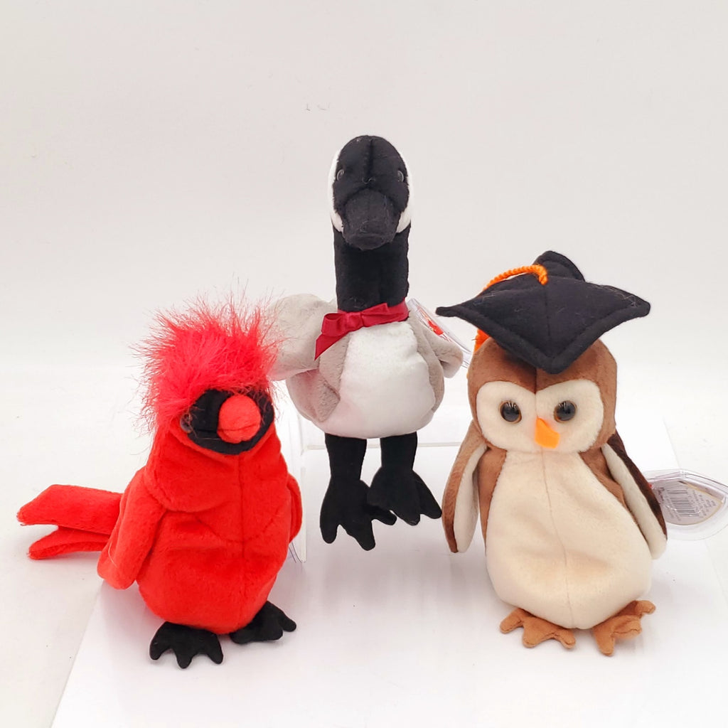 1998 Beanie Babies 3 Pack- Wise the Owl (Class of 98'), Loosy the Canadian Goose and Mac the Cardinal