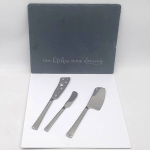 Engraved-Slate 9.75"x11.75"Cheese Board & 3 Straight Handle SS Cheese Knives