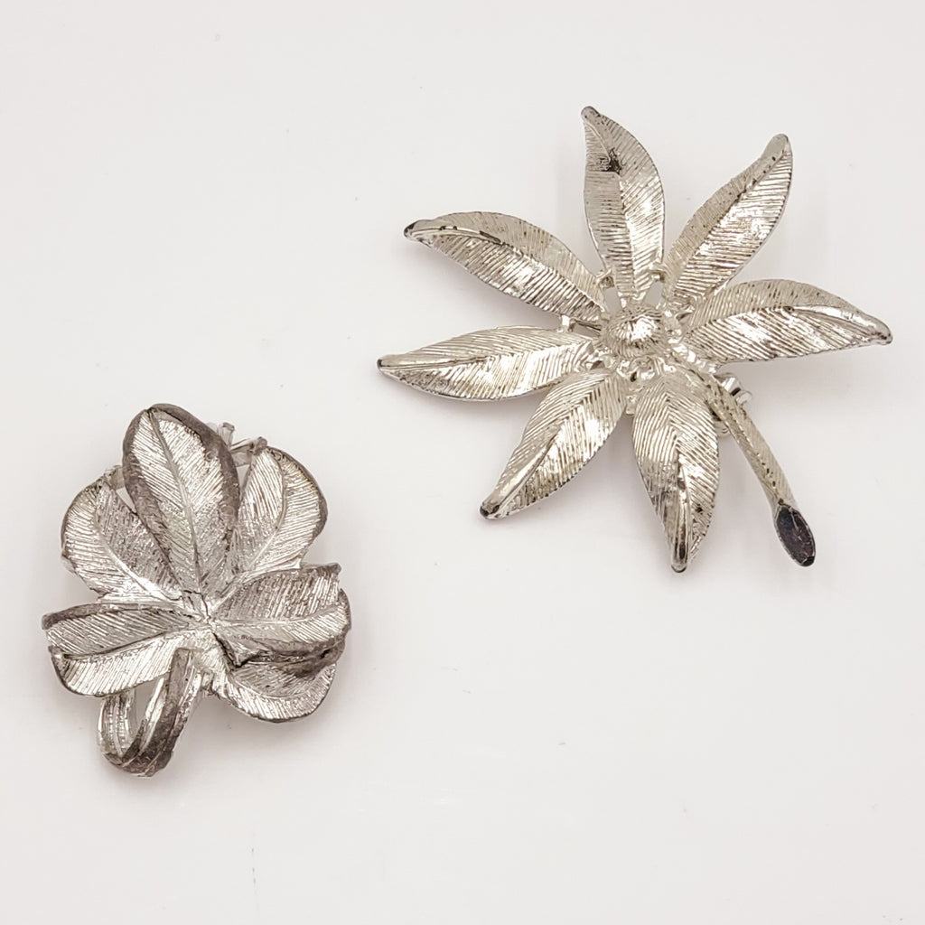 2 Piece Silver Leaf and Floral Brooch Set