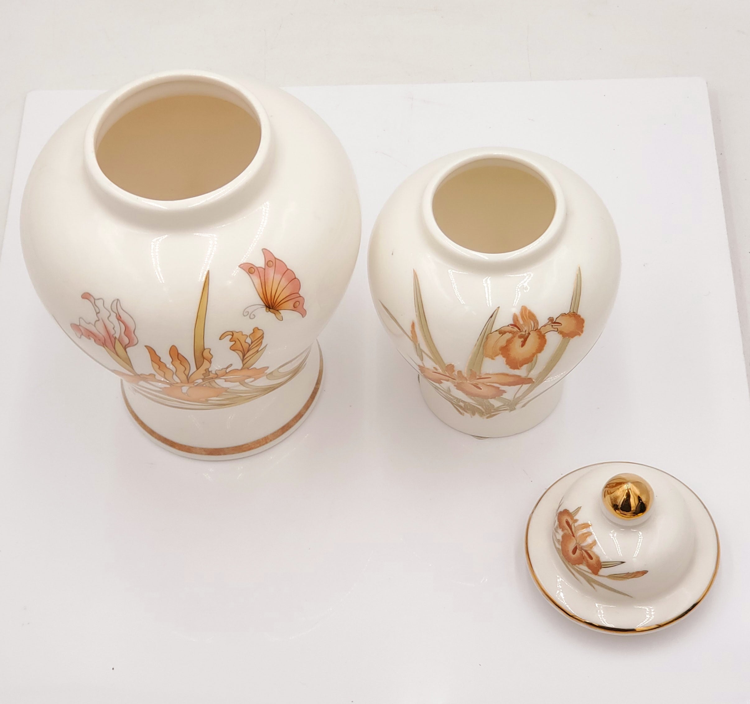 Mosaic Japanese Ginger Jar and Vase Set- Orange Floral and Butterfly Design with Gold Trim