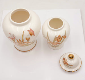 Mosaic Japanese Ginger Jar and Vase Set- Orange Floral and Butterfly Design with Gold Trim