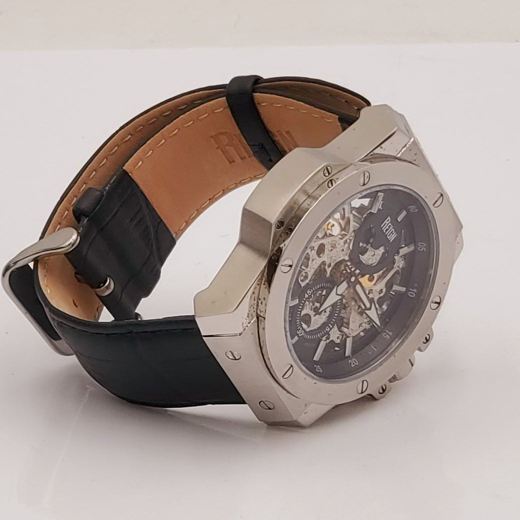 Vintage Reign Commodus Automatic Skeleton Dial Black Leather Silver Men's Watch