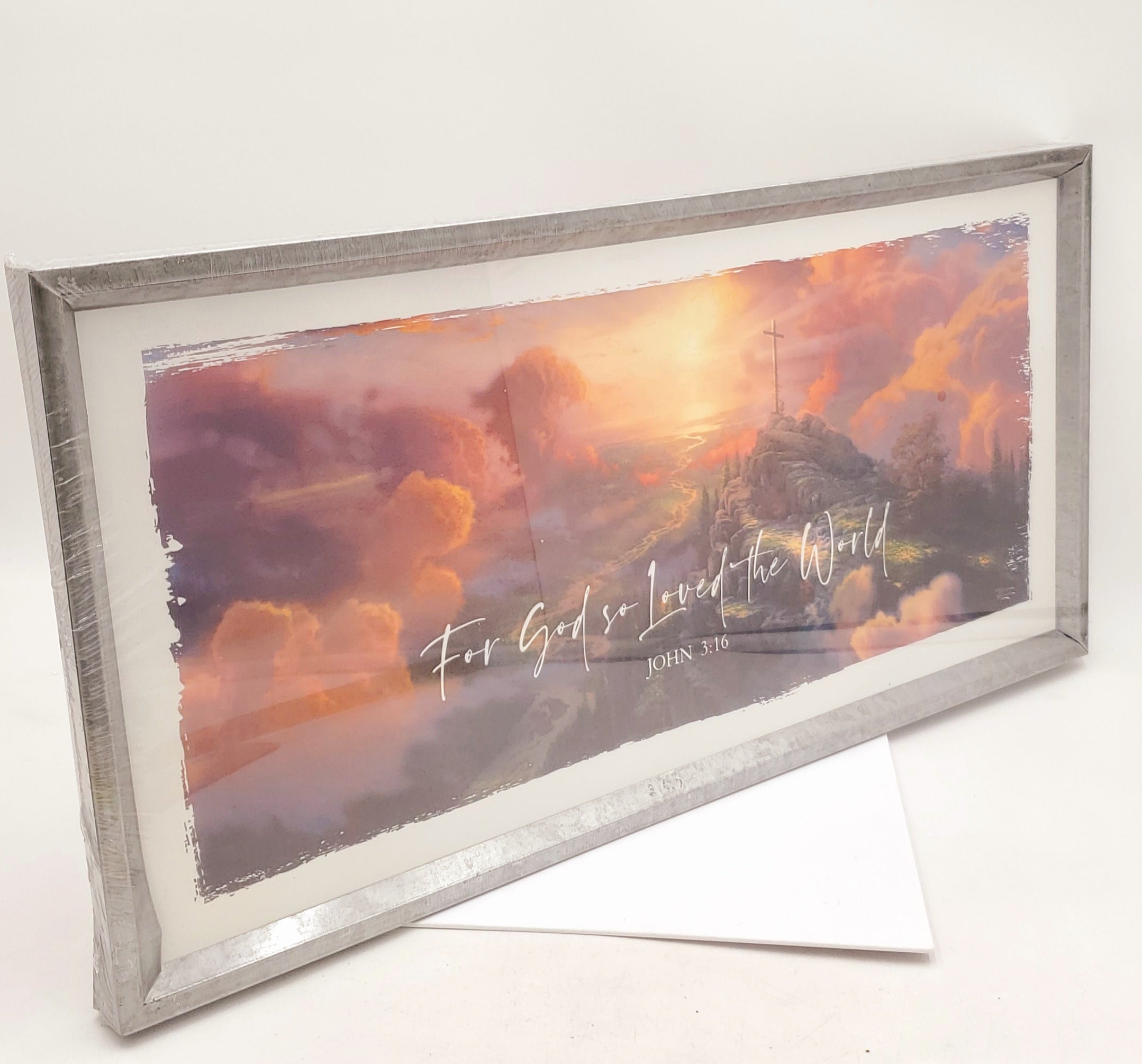 WALL DECOR-FOR GOD SO LOVED THE WORLD, JOHN 3:16, TIN FRAME 24" x 12"