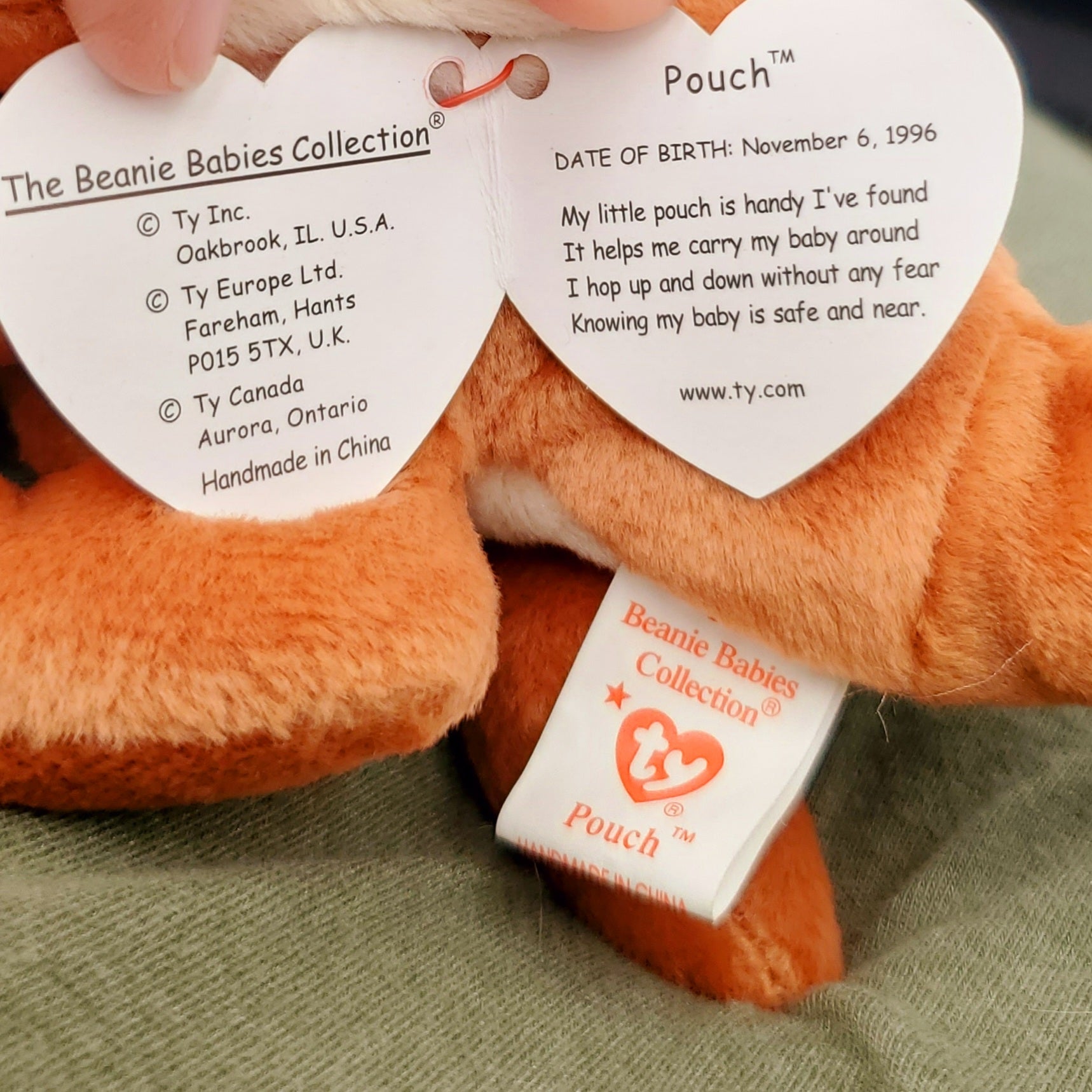 1996 Beanie Babies 4 Pack-Pouch the Kangaroo, Congo the Gorilla, Mel the Koala Bear and Spike the Rhinoceros