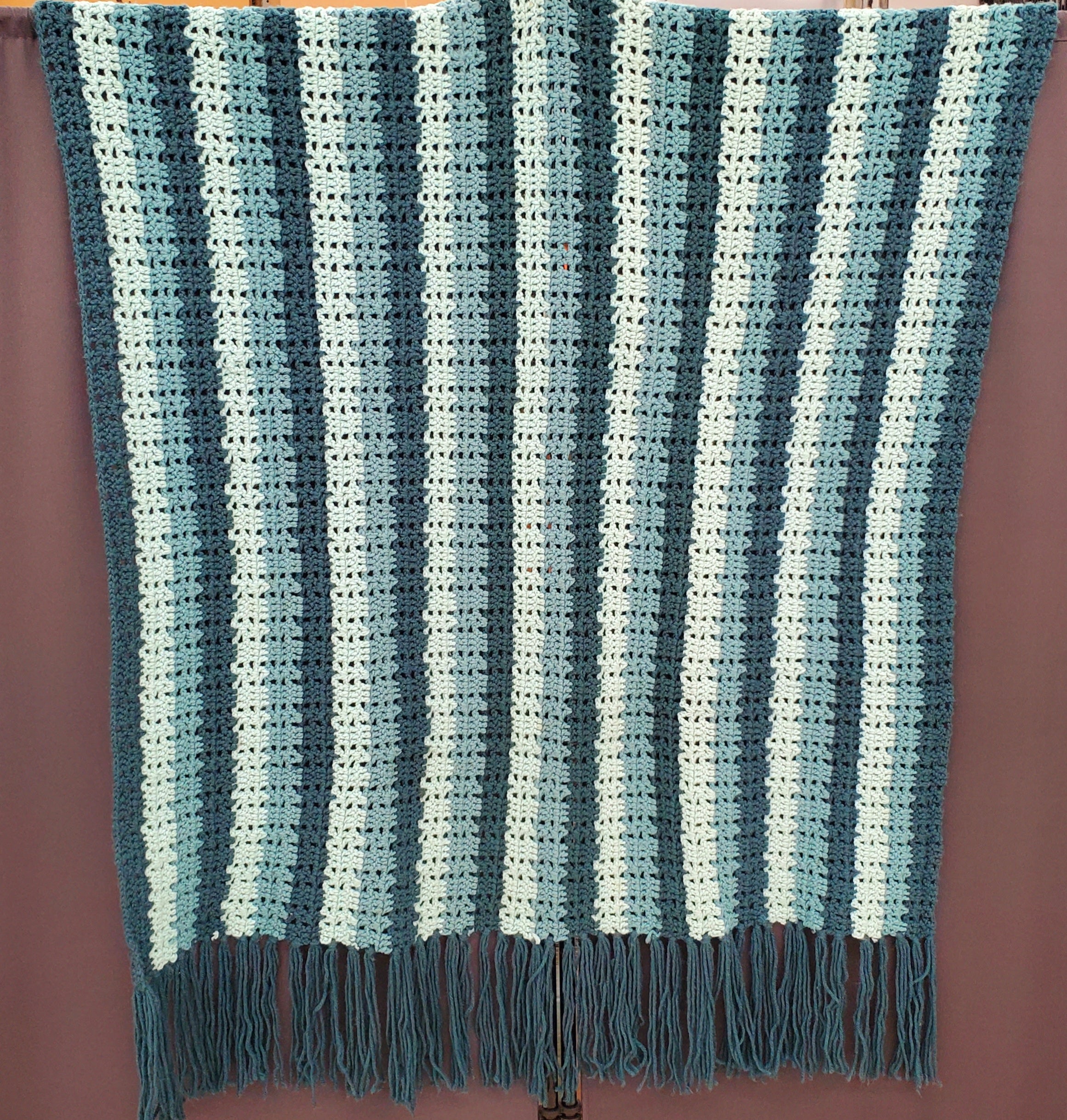 Vintage Handmade Crocheted Blue Striped Afghan 37" x 49"