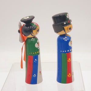 Vintage Hand Painted Wooden Bobblehead Kokeshi  Doll Couple
