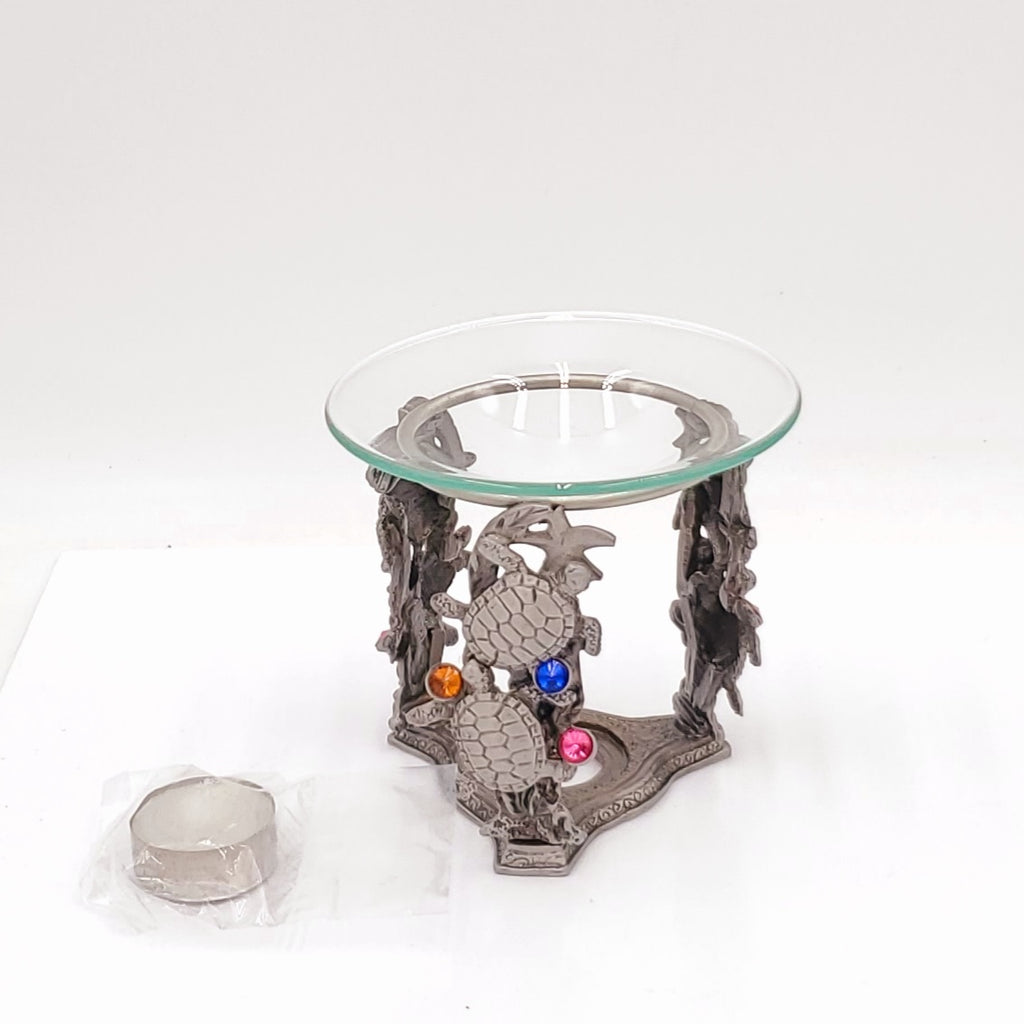 Pewter & Glass Votive Tea Light Candle Holder/Oil Burner Fragrance Warmer- Turtles