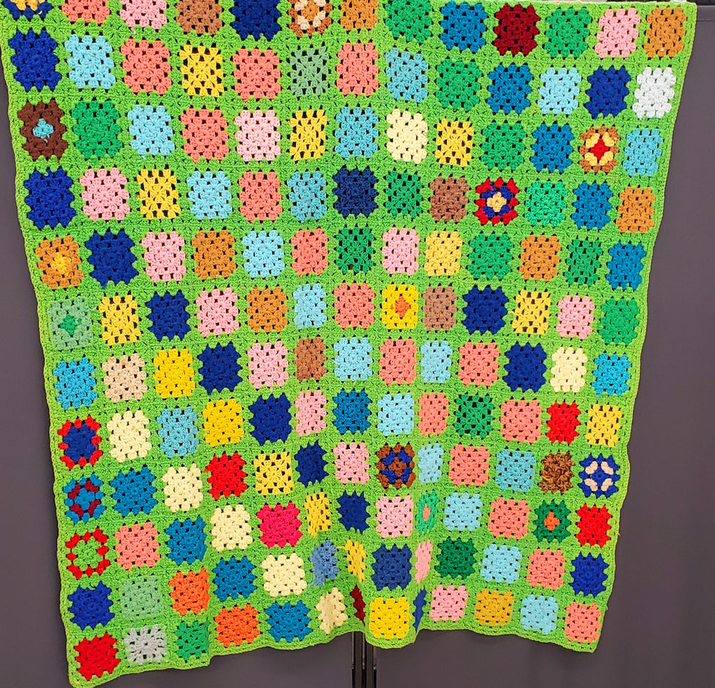 Vintage Handmade Crocheted Colorful Green Afghan 52" x 70"