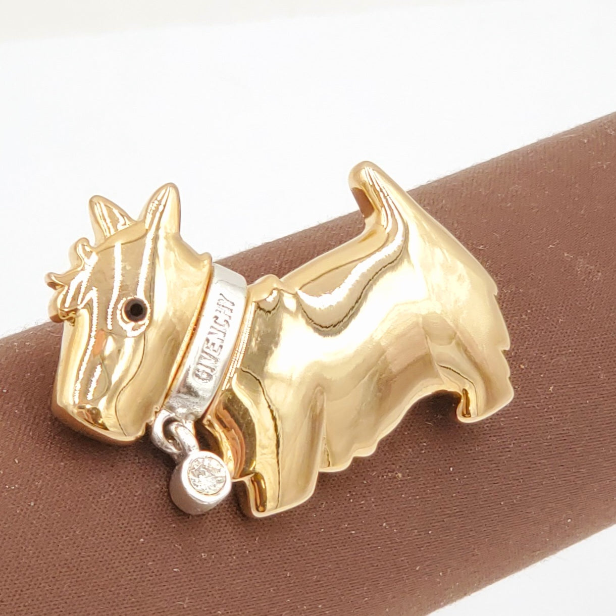 Givenchy Gold Scottish Terrier Brooch with Dangling Crystal