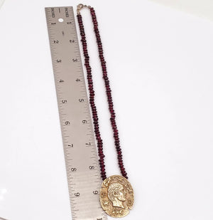Beaded Garnet Ancient Roman Emperor's Julius Caesar Pendant Necklace