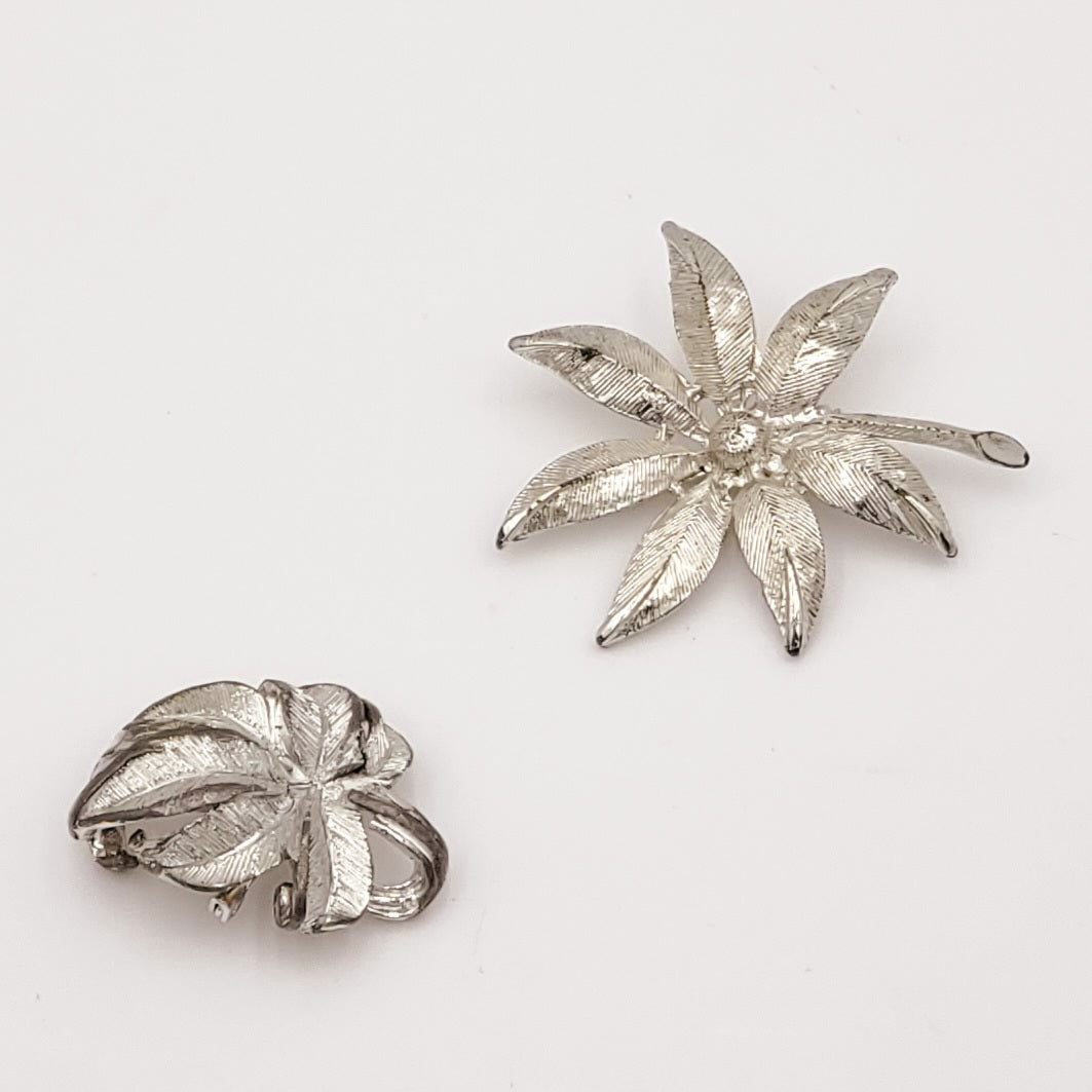 2 Piece Silver Leaf and Floral Brooch Set