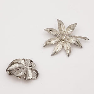 2 Piece Silver Leaf and Floral Brooch Set