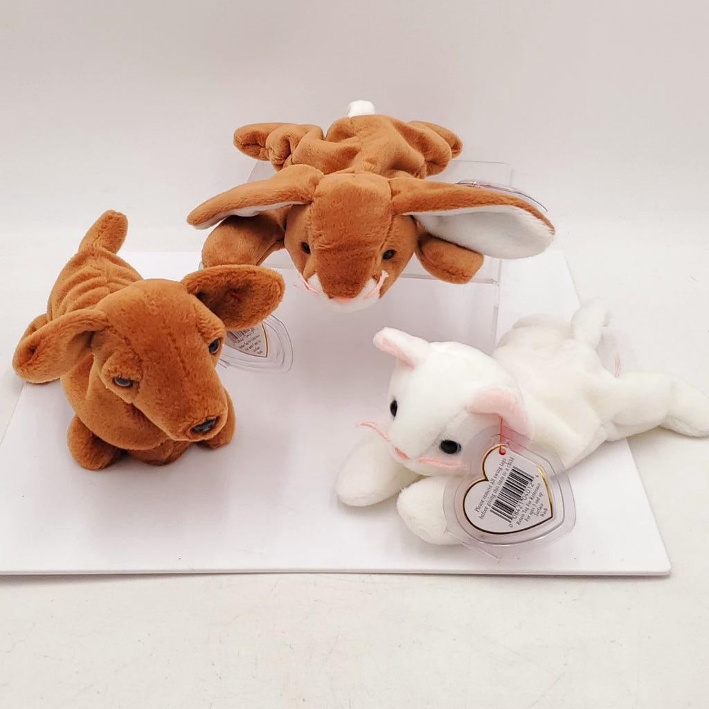 1995 Beanie Babies 3 Pack-Flip the Cat,  Ears the Rabbit and Weenie the Dachshund