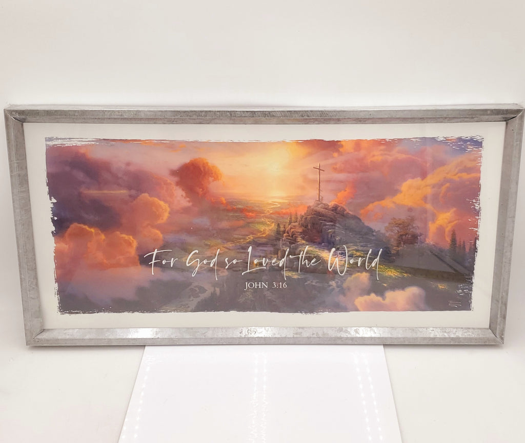 WALL DECOR-FOR GOD SO LOVED THE WORLD, JOHN 3:16, TIN FRAME 24" x 12"