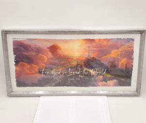 WALL DECOR-FOR GOD SO LOVED THE WORLD, JOHN 3:16, TIN FRAME 24" x 12"