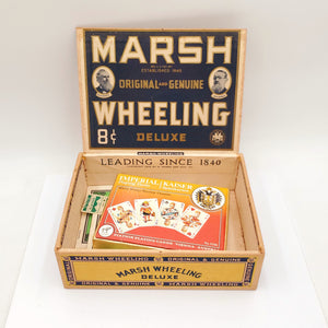 Marsh Wheeling Deluxe Cigar Box with vintage Eagle Stamps and Piatnik Kaiser Imperial Playing Cards