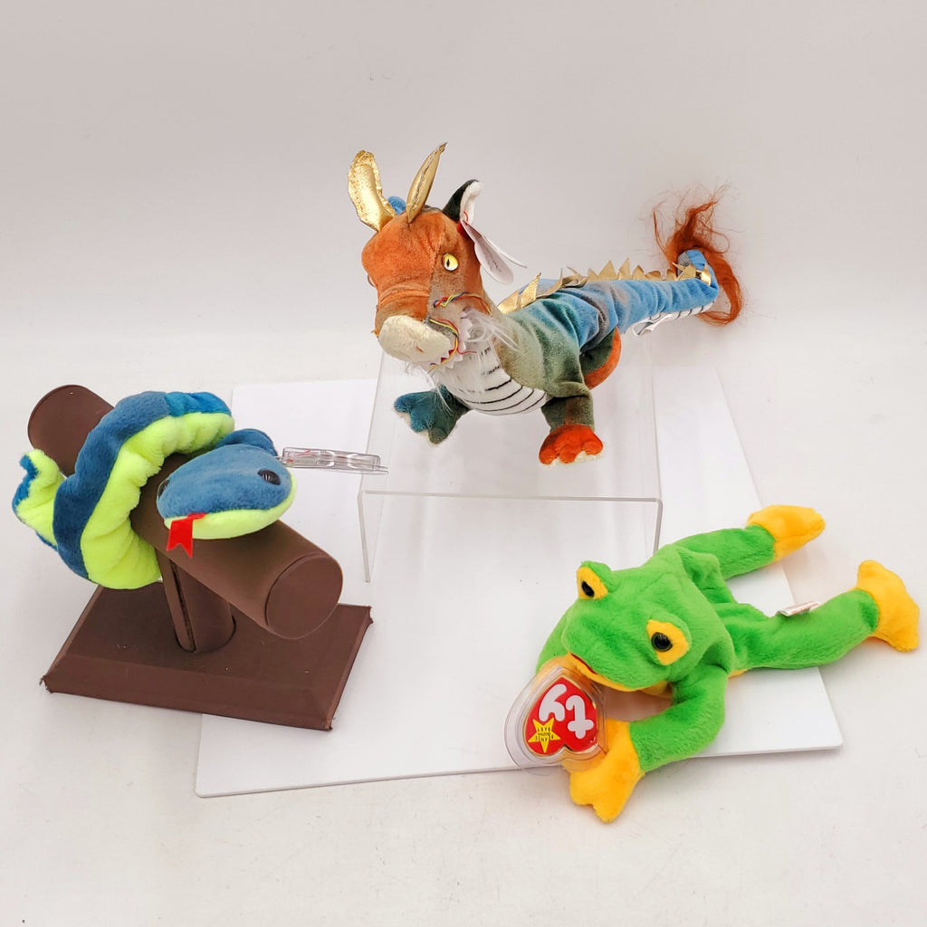 Beanie Babies 3 Pack-1997 Hissy the Snake, 1997 Smoochy the Frog and 2000 Zodiac Dragon