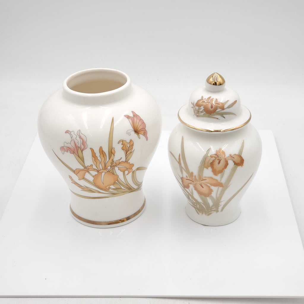 Mosaic Japanese Ginger Jar and Vase Set- Orange Floral and Butterfly Design with Gold Trim