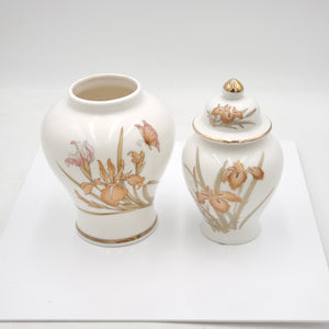 Mosaic Japanese Ginger Jar and Vase Set- Orange Floral and Butterfly Design with Gold Trim