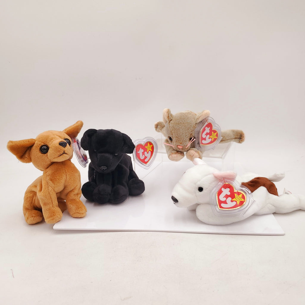 1998 Beanie Babies 2 Pack- Scat the Cat, Butch the White Bull Terrier, Tiny the Chihuahua and Luke the Black Labrador