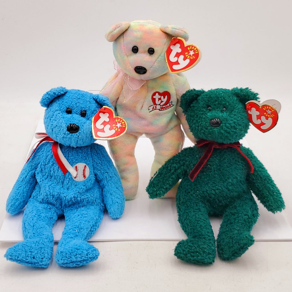 2001 Beanie Babies 3 Pack- Holiday Teddy Bear, Addison the Baseball Bear and Celebrate the Bear (15 Years)