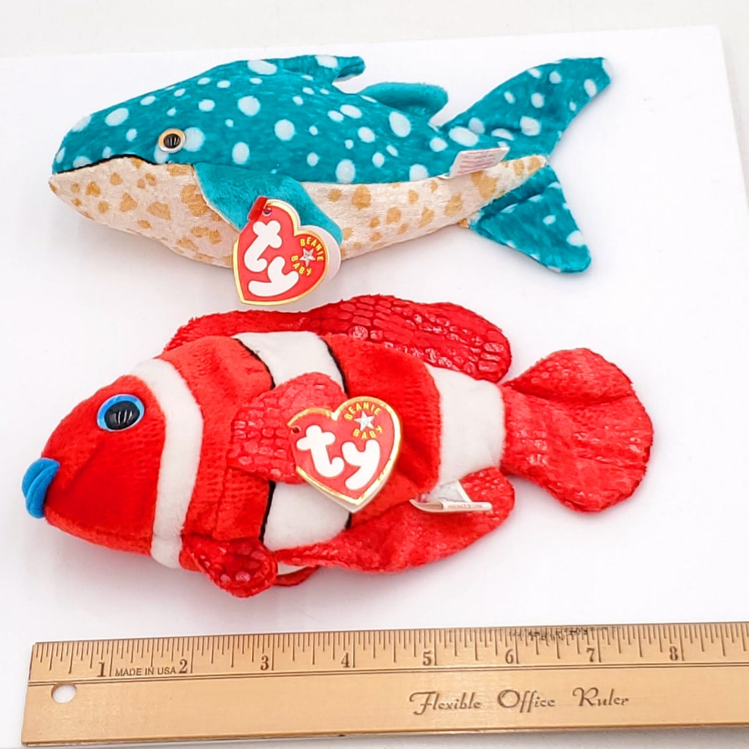 2000 Beanie Babies 2 Pack- Jester the Clownfish and Poseidon the Whale Shark
